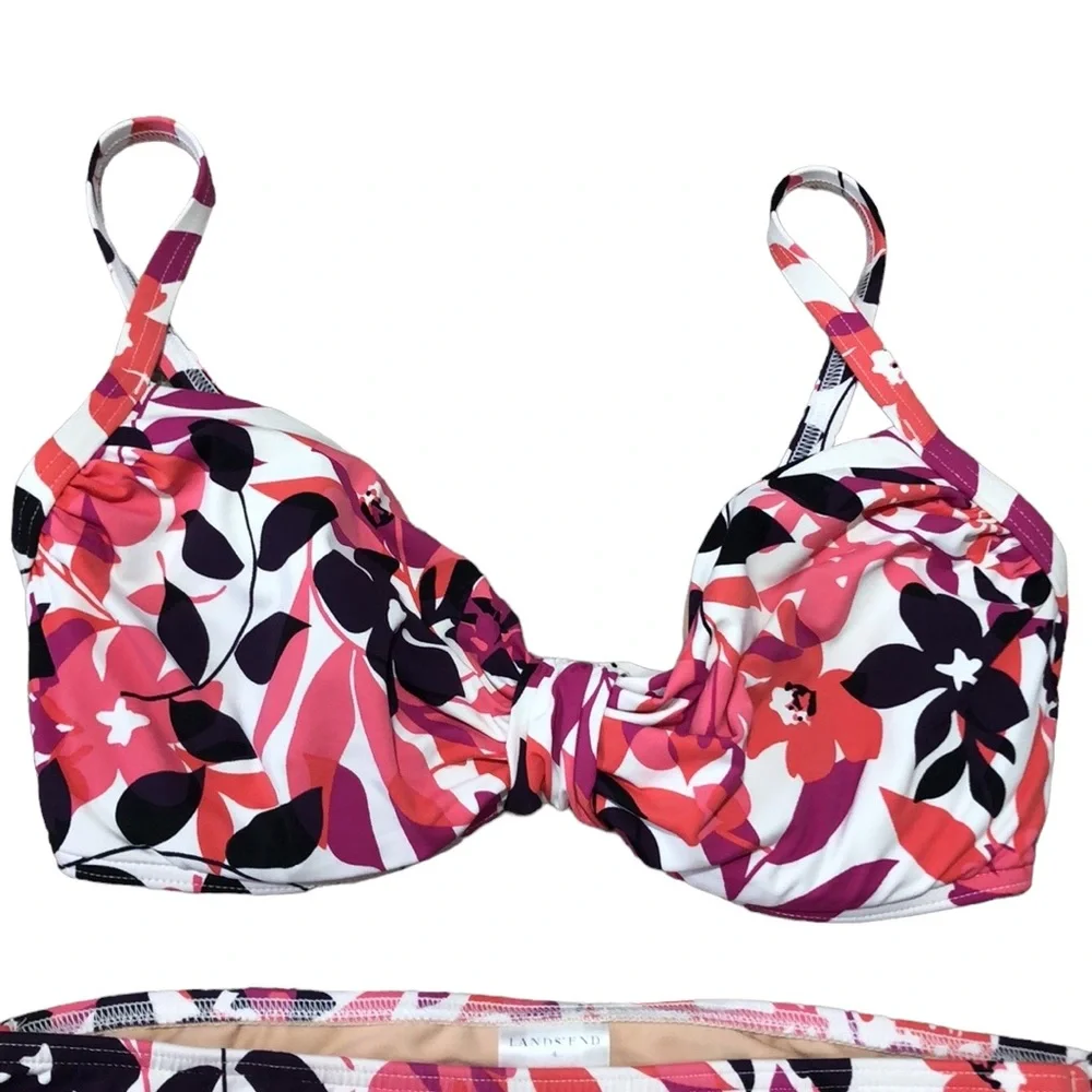 LANDS’ END | Women’s Floral Adjustable Gathered Front-Tie Ruched-Sides Bikini S
